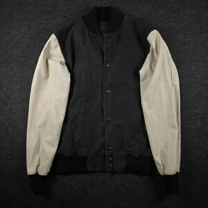 KR3W Men's Black Varsity Bomber Jacket Faux Leather Sleeves Canvas Size L